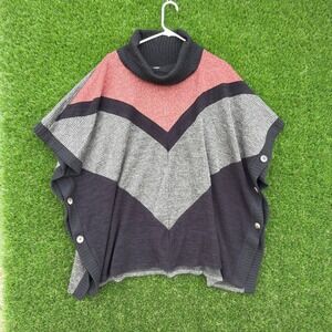 ZOE Womens Striped Turtleneck Poncho Sweater Cowl Buttons Black Coral Grey XL‎